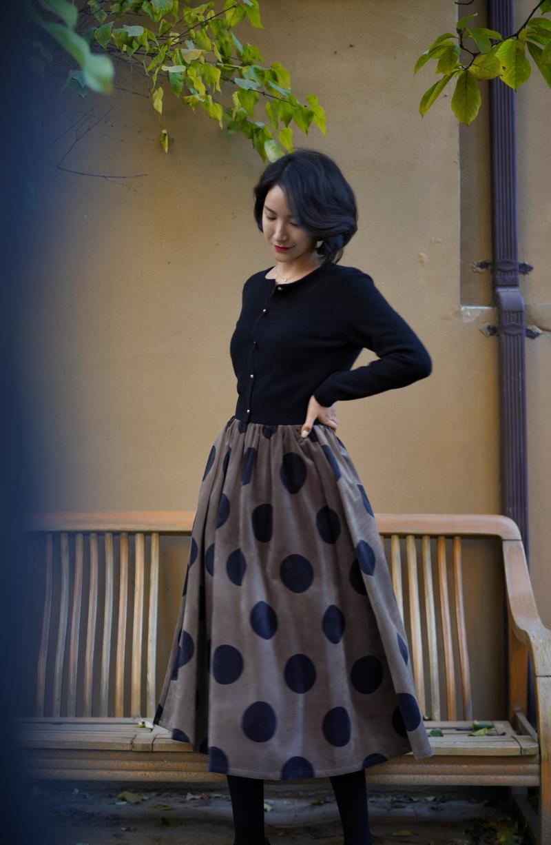 Birch brown polka dot velvet umbrella skirt
