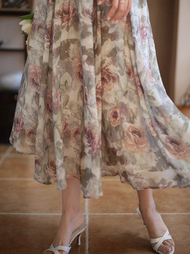 Oil painting rose pattern retro skirt