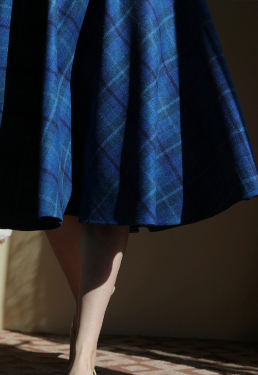 Blue Indigo Checkered Umbrella Skirt