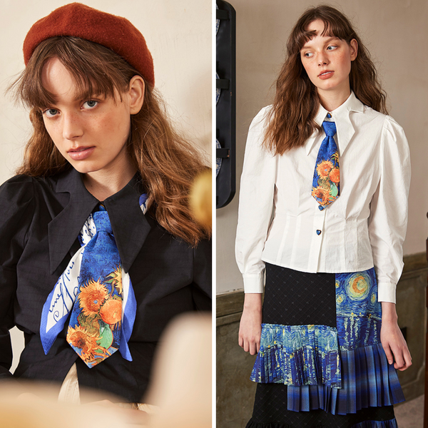 sunflower tie and letter to Theo scarf and short blouse