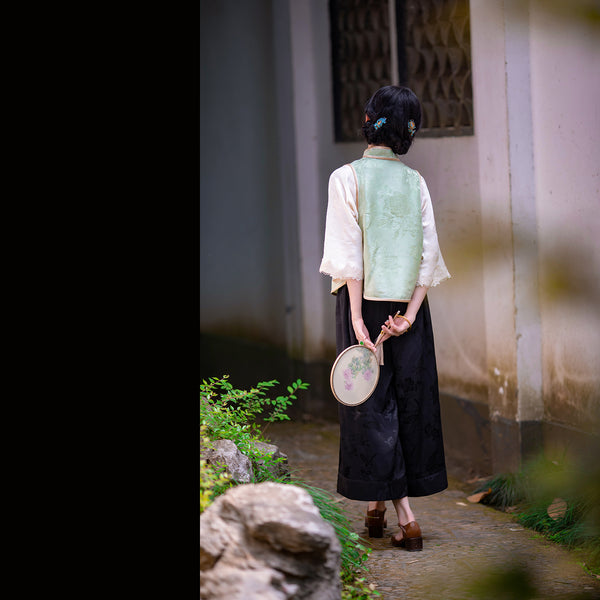 Chinese wide leg pants with ink flower pattern