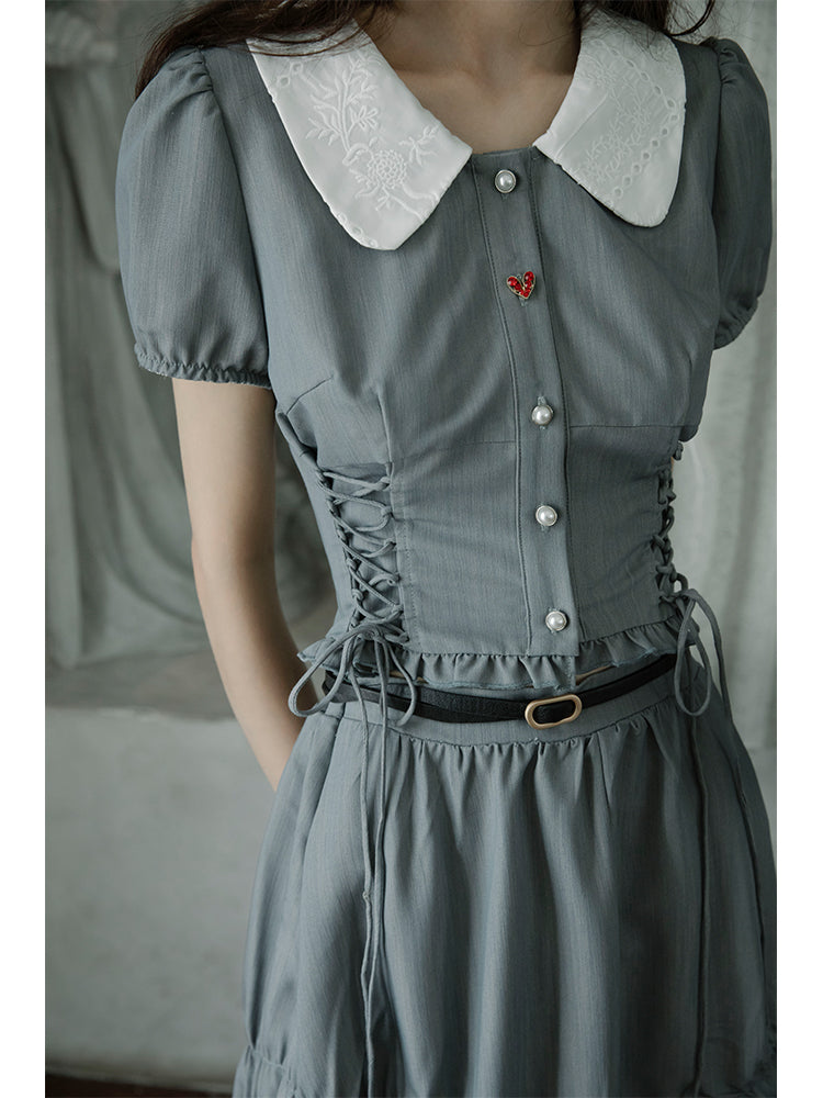 Gray blue lady's braided short top and long skirt