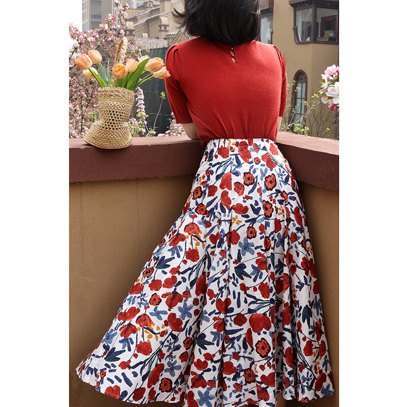 油彩画の花模様ヘップバーンスカート