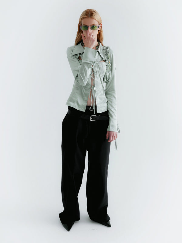 Black Double Belt wide leg pants 