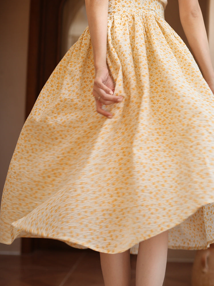 wisteria yellow flower crowd french retro skirt