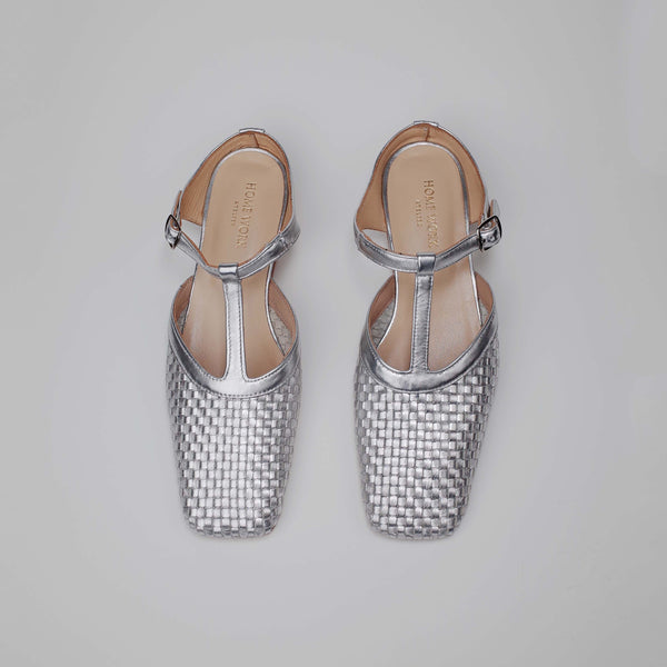Silver Braided Pattern Square Toe Sandals