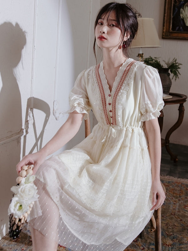 Embroidered french dress in pale white moon