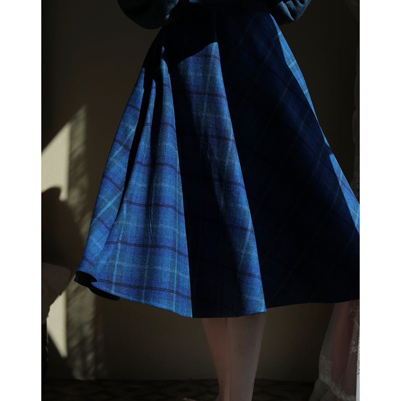 Blue Indigo Checkered Umbrella Skirt