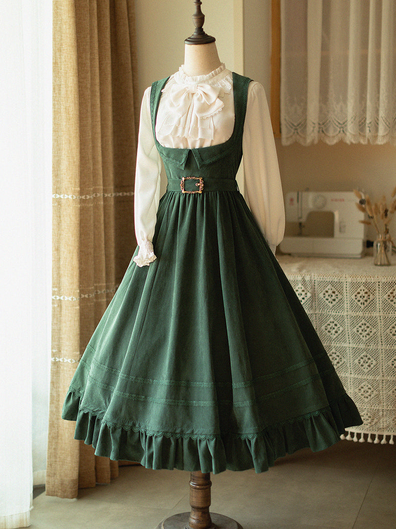 Dark green lady jumper skirt and high neck ribbon blouse