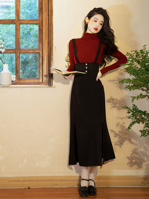 Black lady's strap skirt and turtleneck sweater (wine red) 