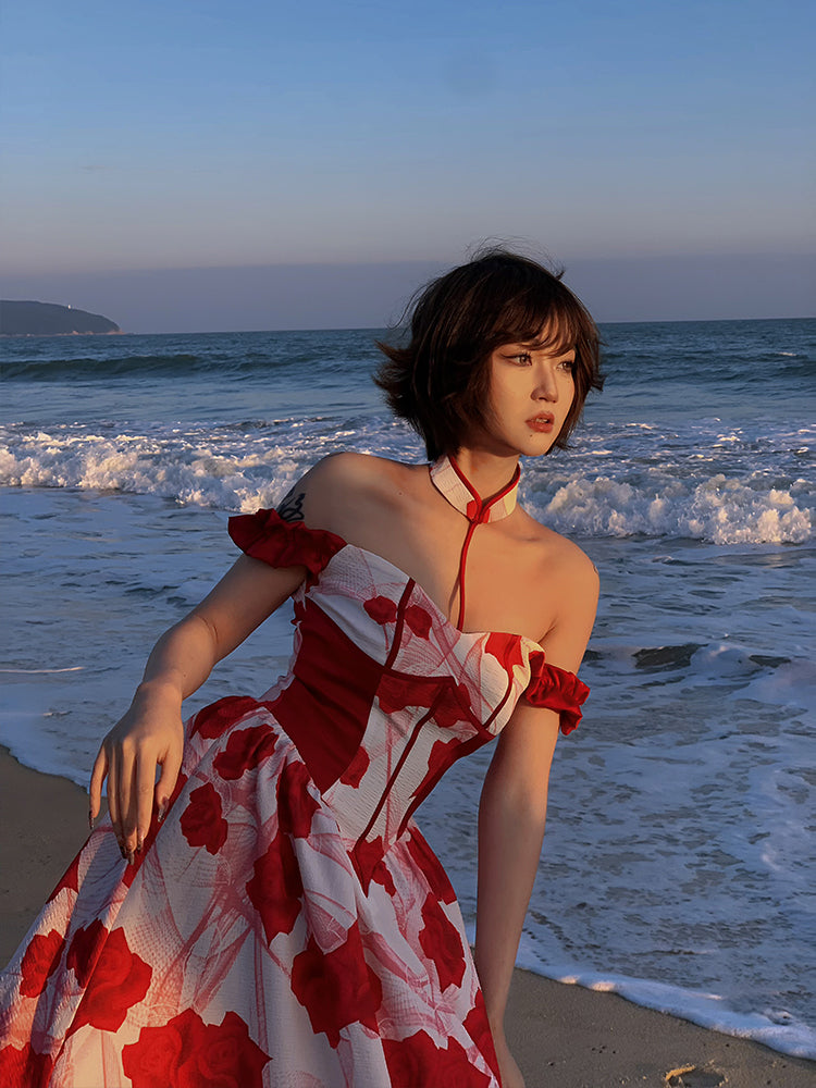 Crimson rose pattern China dress (off-shoulder)