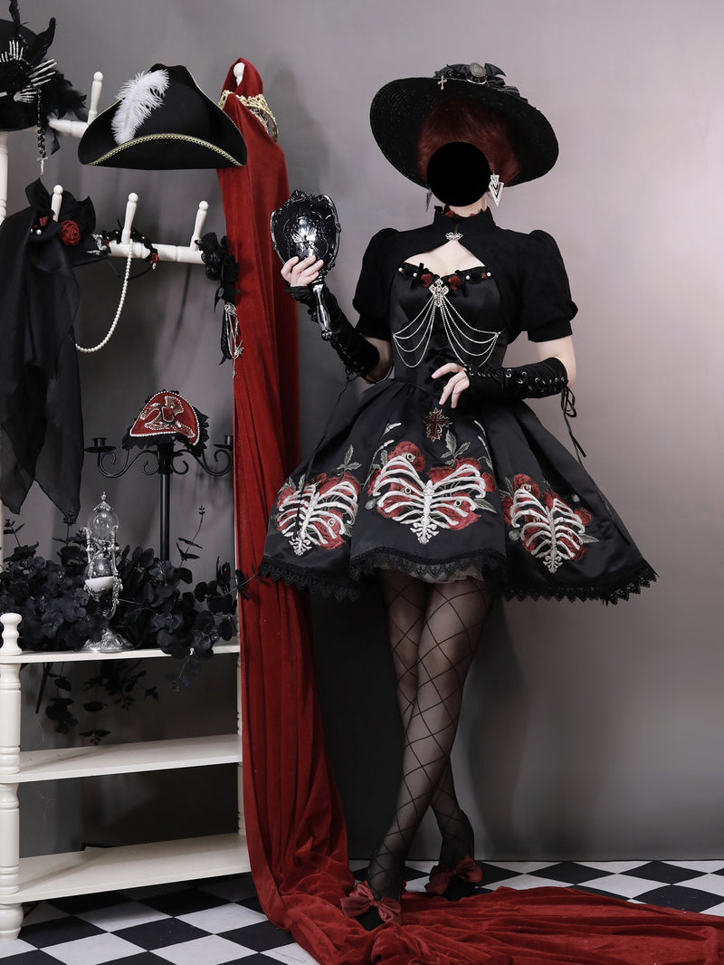 Lace-up jumper skirt with ribs and rose embroidery [scheduled to be shipped from early June to late June 2023]