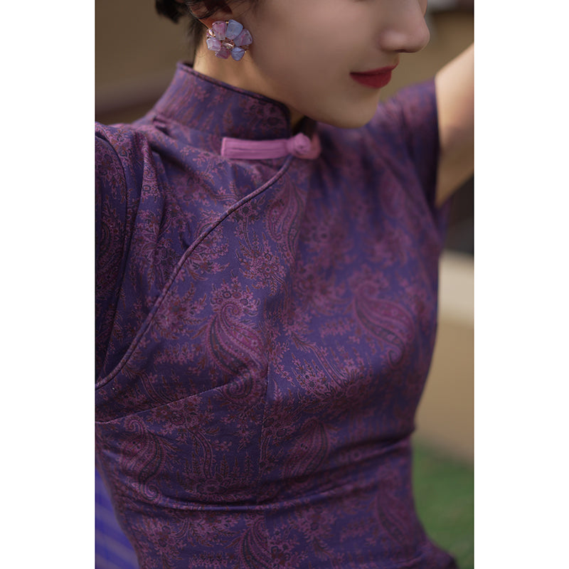 本紫の花紋柄チャイナワンピース