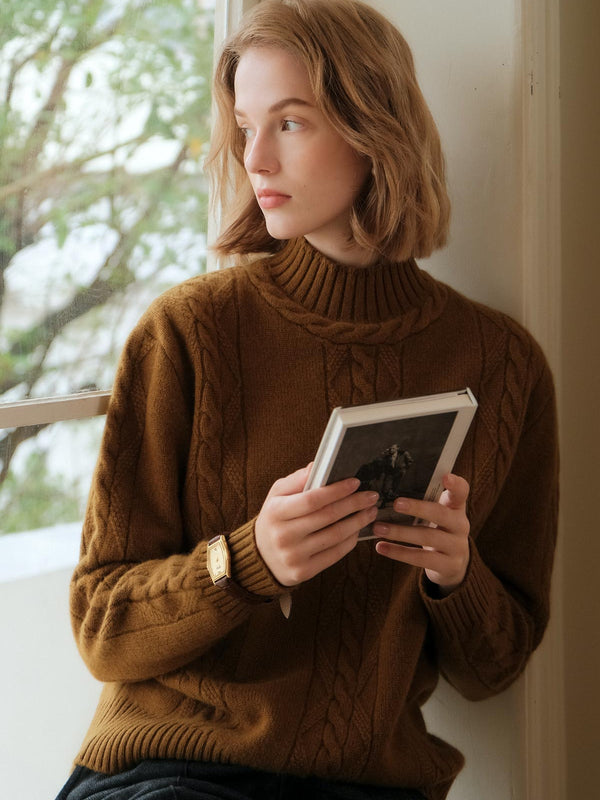 Aran pattern high neck wool knit sweater
