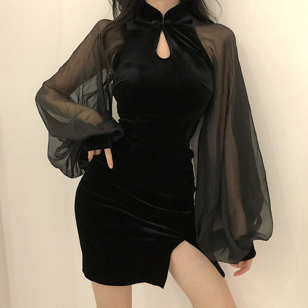 China dress black with see-through sleeves