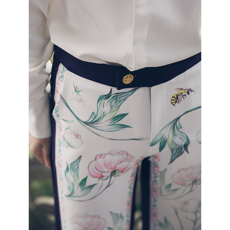 Chinese straight pants with watercolor peony pattern