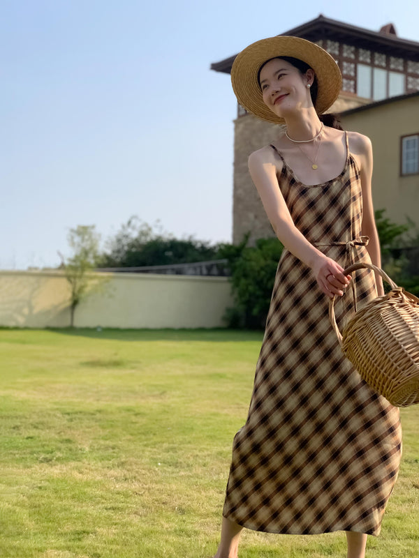 Dark brown plaid camisole dress