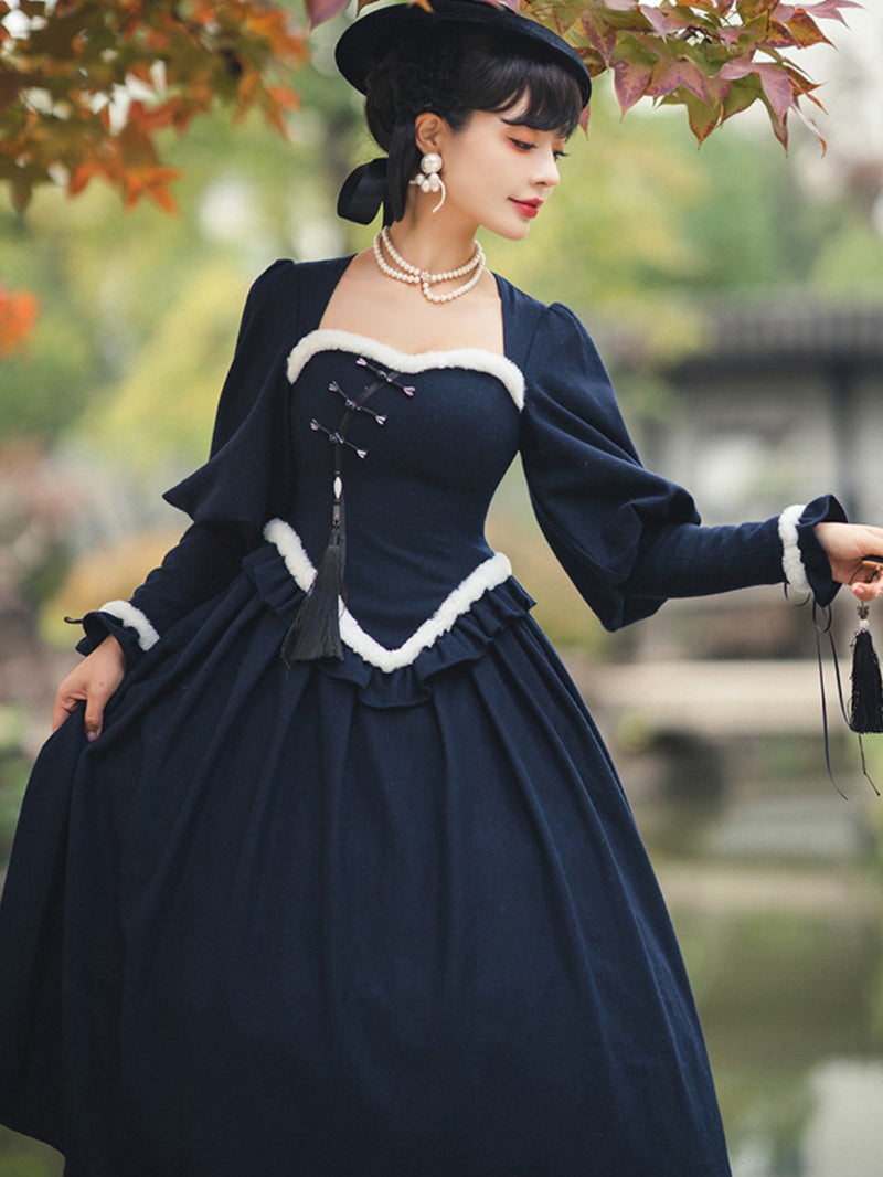 Navy Blue Lady's Classical Dress and Elegant Cape [Scheduled to be shipped in early March 2023]