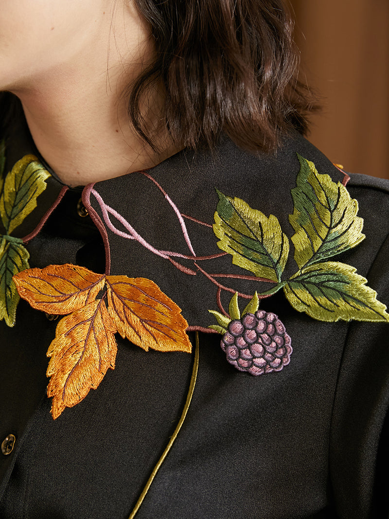 Purple grape and leaf embroidery blouse