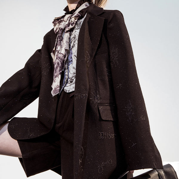 Dark galaxy embroidered jacket and flared skirt