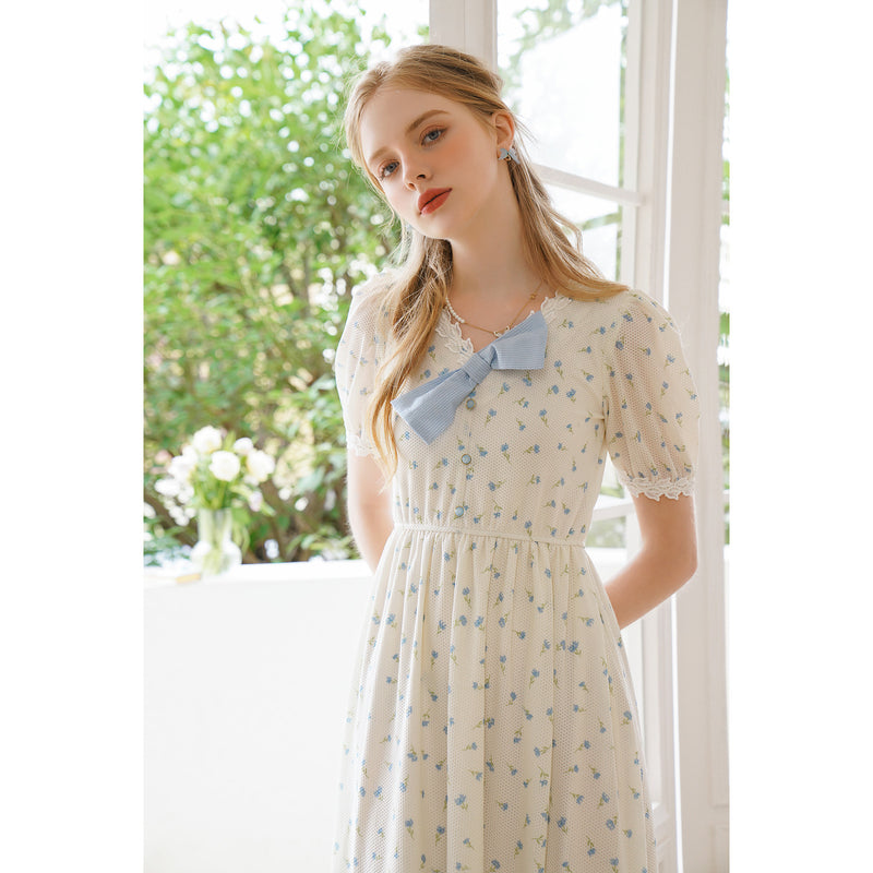 Forget-me-not floral ribbon French dress 