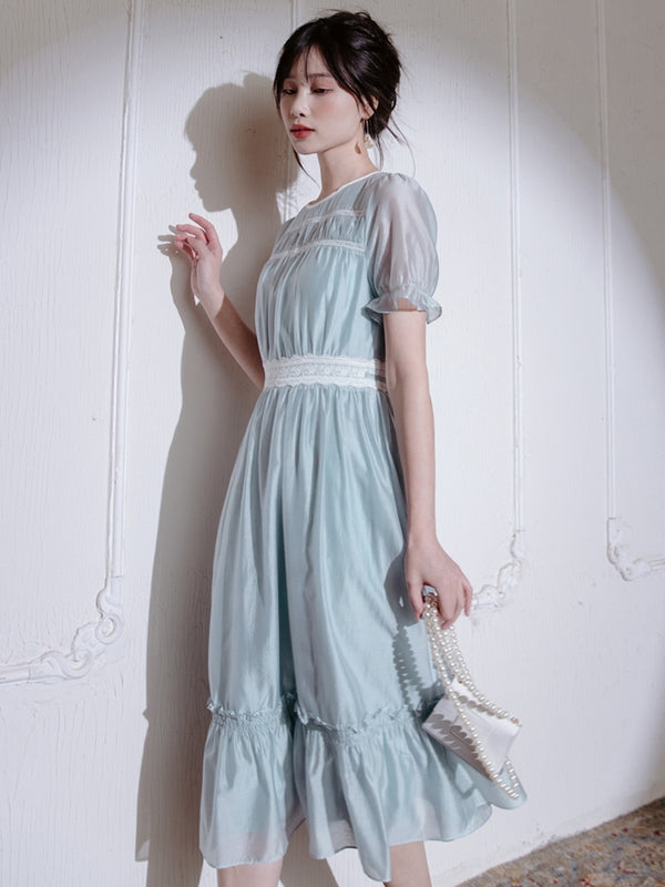 Light blue sky blue embroidered French dress