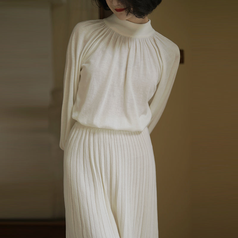 Lady of Paris High Neck Knit and Pleated Knit Long Skirt