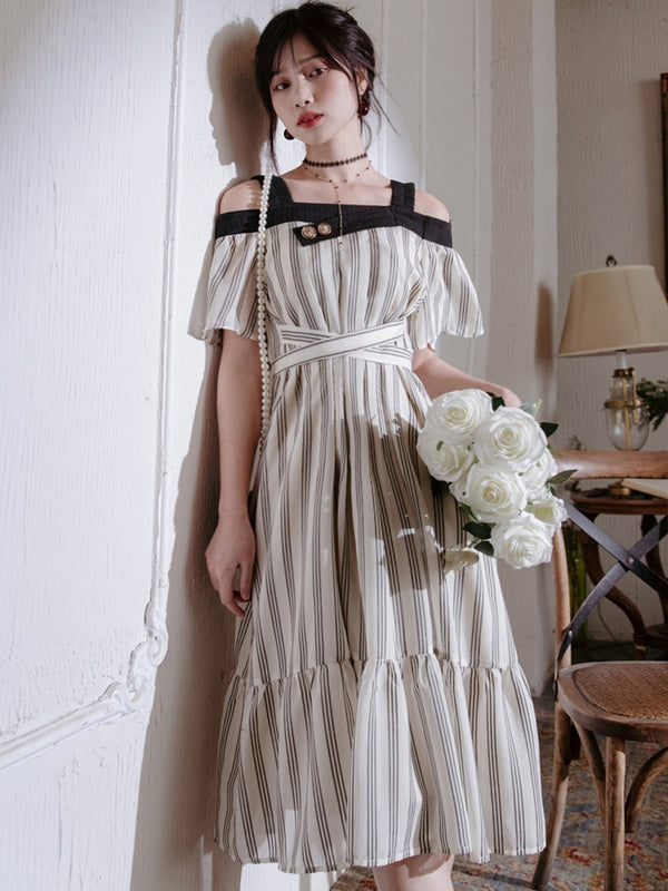 Grayish white vertical striped strap dress