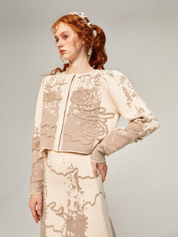 Vine rose embroidery jacquard knit top and skirt