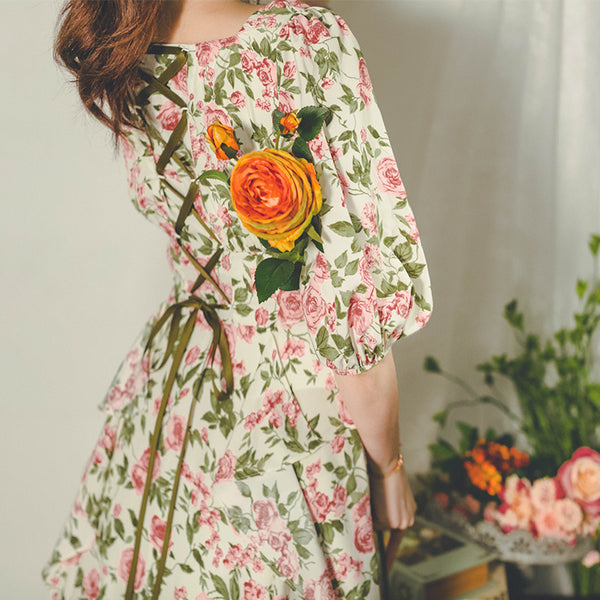 Lace-up dress of pale red roses
