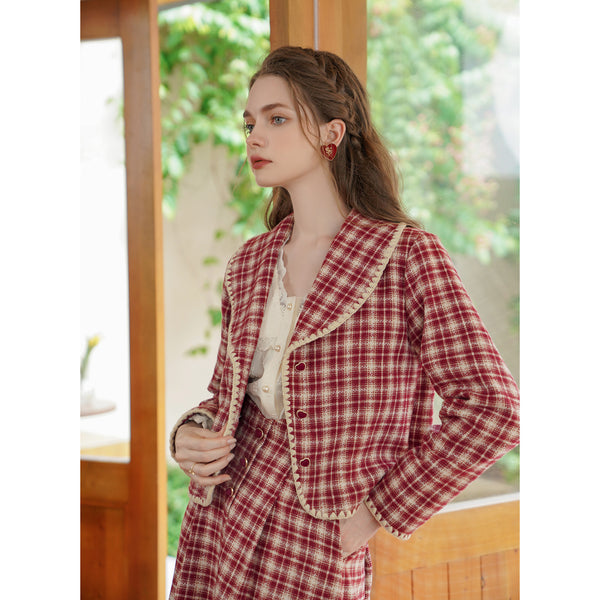 Madder red checkered jacket and high-waisted skirt