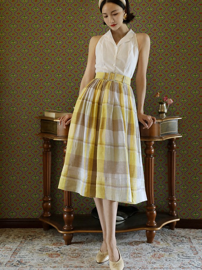 Plaid High Waist Skirt - Yellow - Pomelo Fashion