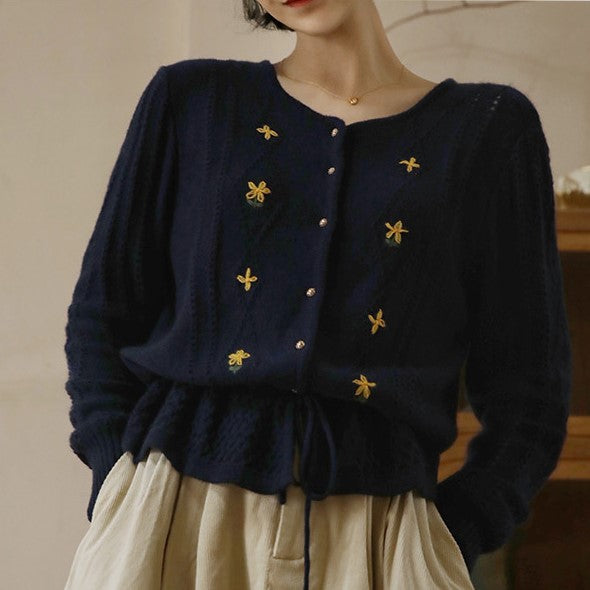 Dark blue floral embroidery knit cardigan