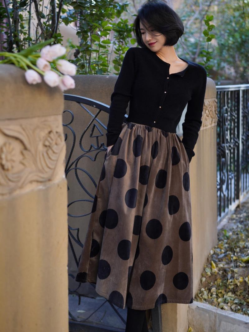 Birch brown polka dot velvet umbrella skirt