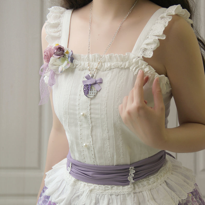 Purple wisteria ribbon necklace, flower decoration brooch and waist belt