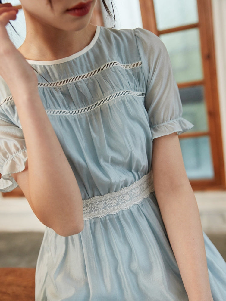 Light blue sky blue embroidered French dress