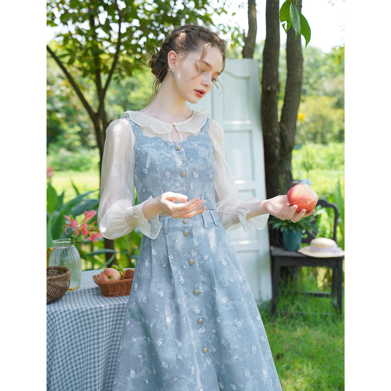 MANUSMACHINA 薄青の薔薇刺繍デニムフレアスカート\u0026ビスチェ