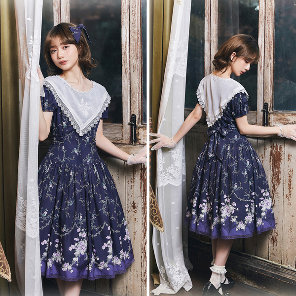 Navy Blue Bouquet Embroidered Classical Dress [Planned to be shipped from late May to early June 2023]