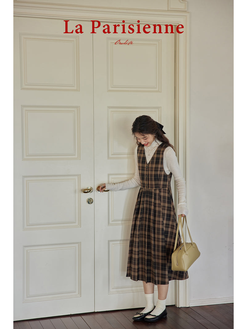 Dark brown plaid classical jumper skirt