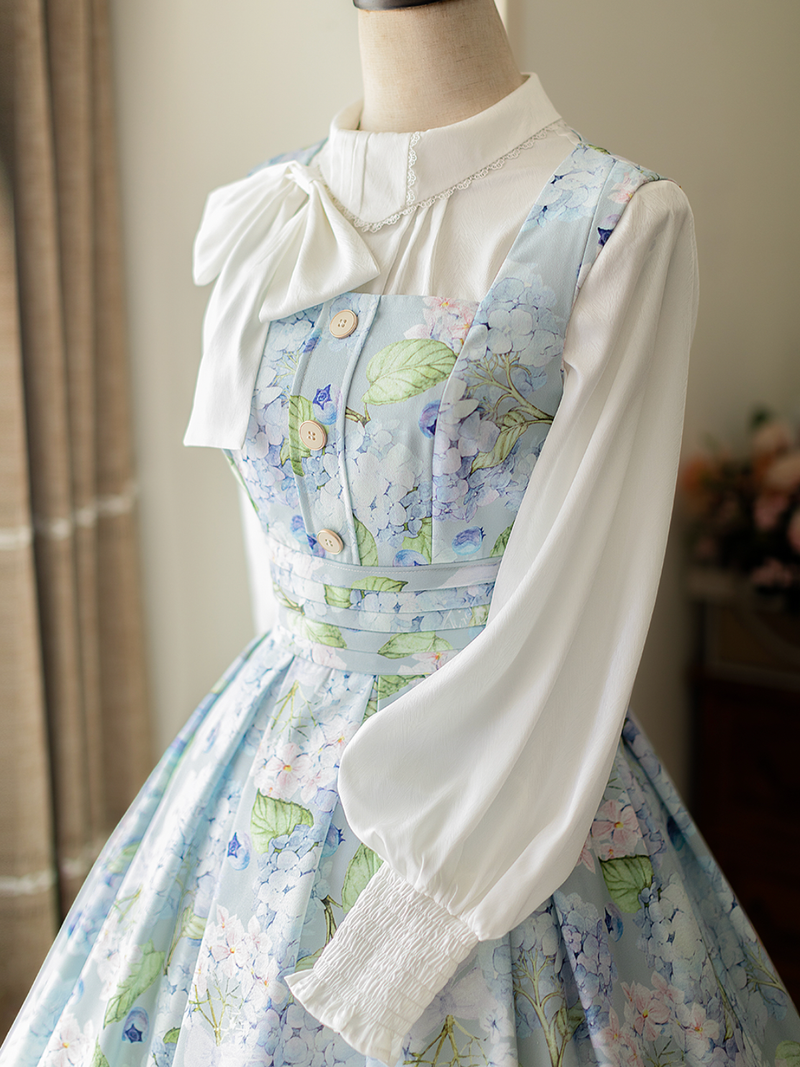 Light blue hydrangea watercolor jumper skirt and high neck ribbon blouse