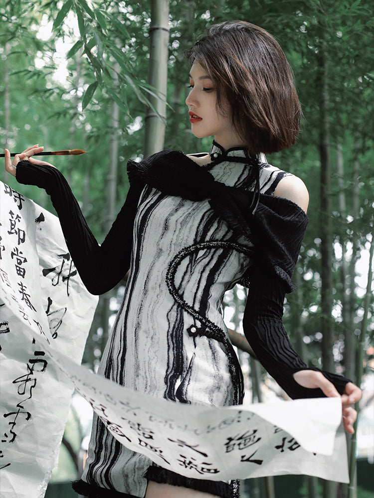 chinese ink painting cheongsam short dress