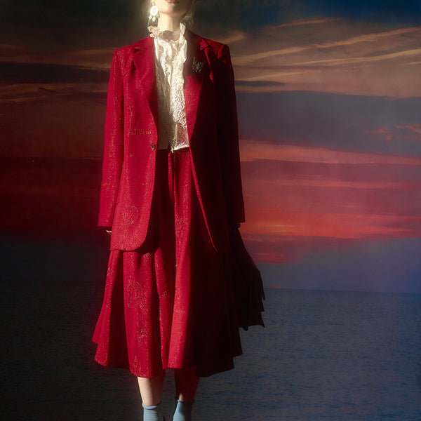 Crimson galaxy embroidery jacket and flared skirt