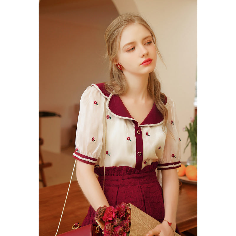 Red flower embroidery French blouse