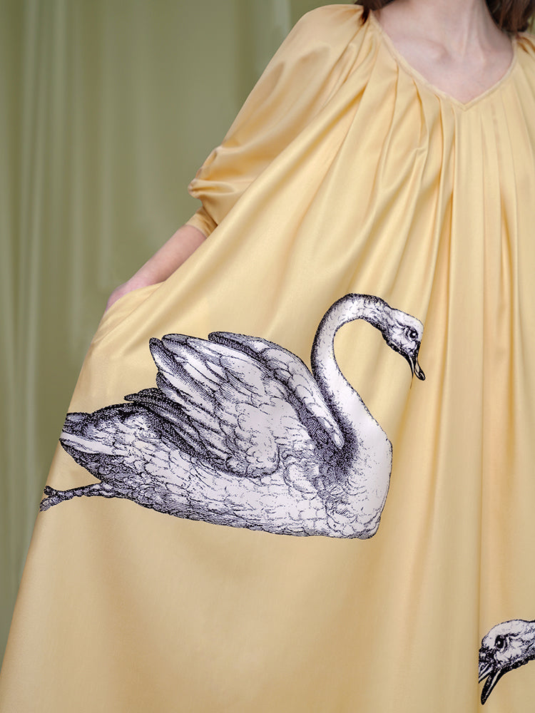 Pale yellow swan pattern dress ManusMachina