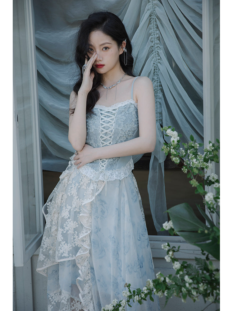 Ink painting flower pattern top and embroidered tulle skirt