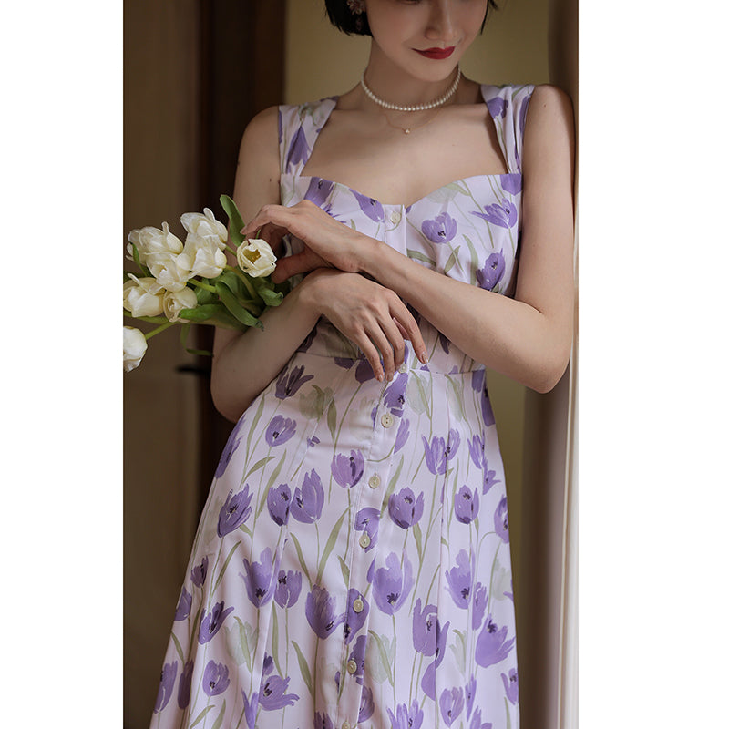薄紫の花模様レトロワンピース