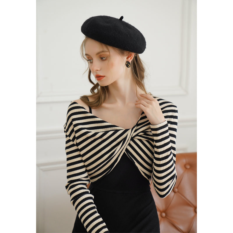 Knitted camisole dress and striped knitted tops for jet-black young lady