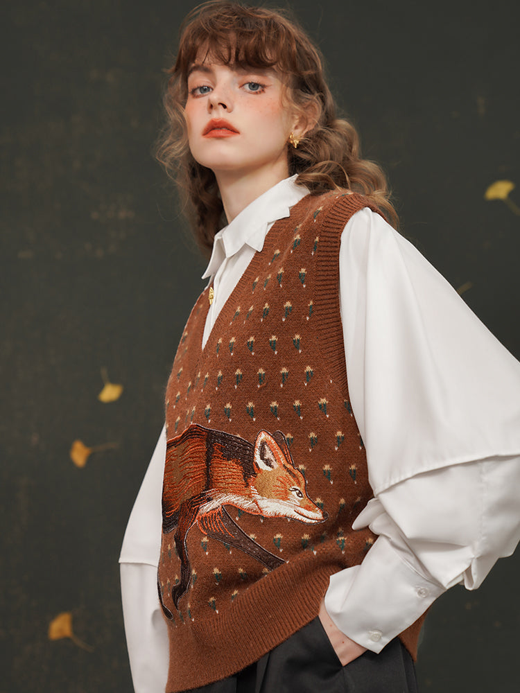 red fox embroidered knit vest