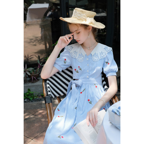 Light blue plaid flower embroidery French dress 