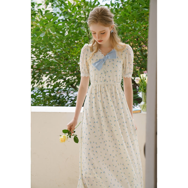 Forget-me-not floral ribbon French dress 